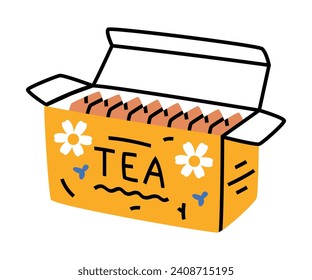 Open Tea Package Box with Teabags Inside Vector Illustration