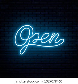 Open - template inscription for neon signboard. Neon text for shop, barbershop, cafe and motel.