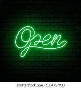 Open - template inscription for neon signboard. Neon text for shop, barbershop, cafe and motel.