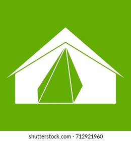 Open tent icon white isolated on green background. Vector illustration