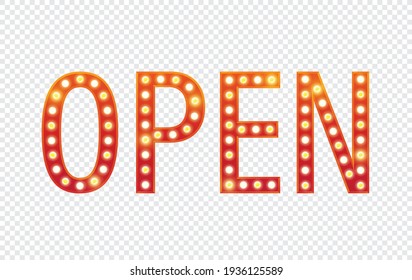 Open, text electric bulbs billboard. Retro light frames. Vector illustration
