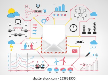 open text sheet in envelope with blue red info graphic icons and graphs around vector background for web and media design collection illustration