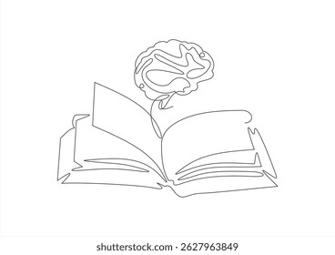 Abrir livro de texto e desenho de ícone de uma linha contínua cerebral. Livro com símbolo cerebral ilustração vetor de linha única em estilo doodle. Design de sinal linear de contorno de educação