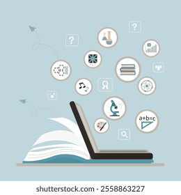 Open textbook and laptop with school subject pictograms. Online education concept with many subject such as math, science, art, chemistry and languages. Skills improvement. Back to school. flat vector