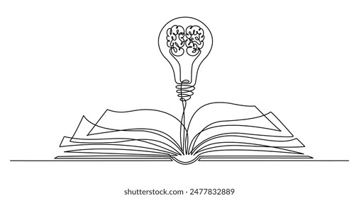 Open textbook with light bulb and brain continuous one line icon drawing. Book with lamp with brain symbol single line vector illustration in doodle style. Education contour linear sign design