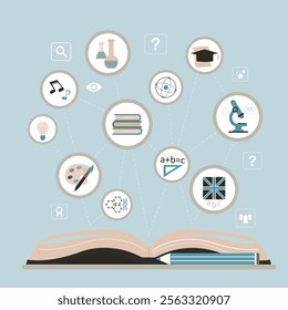 Open textbook with school subject pictograms. Education concept with many subject such as maths, science, art, chemistry and languages. Skills improvement. Back to school. flat vector illustration