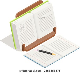 Open textbook showing theory of relativity formula and atom symbol on wooden book stand with another open book and pencil nearby suggesting studying, physics or chemistry