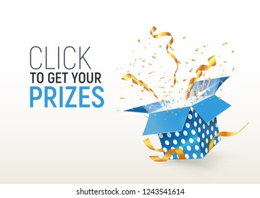 Open textured blue box with confetti explosion inside. Click to get your prizes. Flying particles from giftbox vector illustration on white background