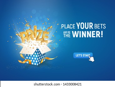 Open textured blue box with confetti explosion inside and PRIZE gold word on blue background vector illustration