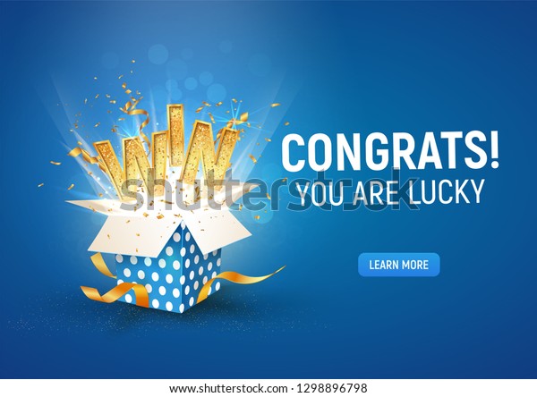 Open textured\
blue box with confetti explosion inside and win gold word on blue\
background horizontal\
illustration.