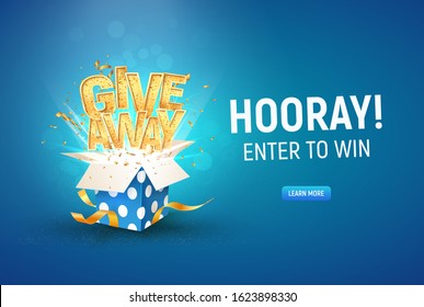 Open textured blue box with golden Giveaway word and confetti explosion inside on blue background horizontal illustration. Gift away text and giftbox quiz or lottery template