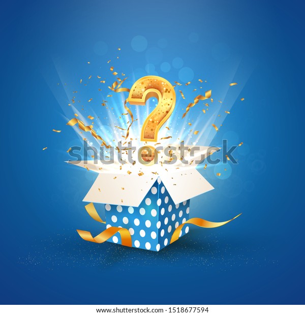 Open textured blue box with question sign
and confetti explosion inside and on blue background. Mystery
giftbox isolated vector
illustration