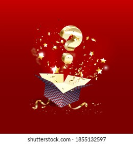 Open textured box with question sign and confetti explosion inside and on blue background. vector illustration