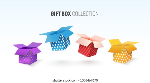 Open textured gift box collection. Isolated vector colorful giftboxes on white background