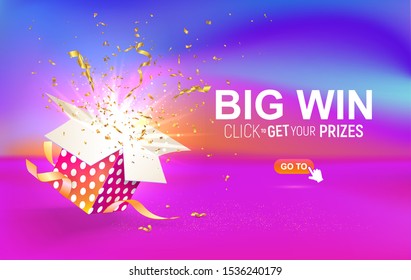 Open textured gift box with confetti explosion inside. Big win. Click to get your prizes. Giftbox on bright liquid background. Vector illustration