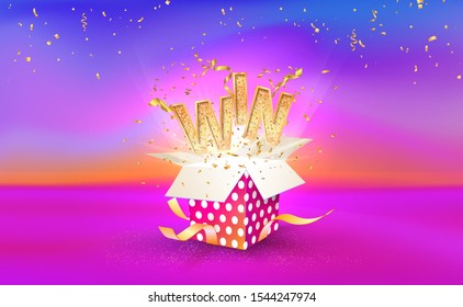 Open textured gift box with confetti explosion inside and WIN word. Big win. Giftbox on bright liquid background. Vector illustration