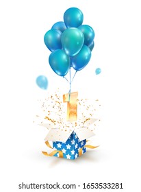 Open textured gift box with number 1 flying on balloons. Greeting for First anniversary isolated vector design elements