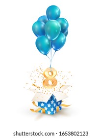 Open textured gift box with number 8 th flying on balloons. Eight years celebrations. Greeting of eighth anniversary isolated vector design elements. 