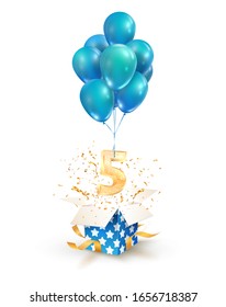 Open textured gift box with number 5 th flying on balloons. Five years celebrations. Greeting of fifth anniversary isolated vector design elements. 