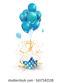 Open textured gift box with number 7 th flying on balloons. Seven years celebrations. Greeting of seventh anniversary isolated vector design elements. 