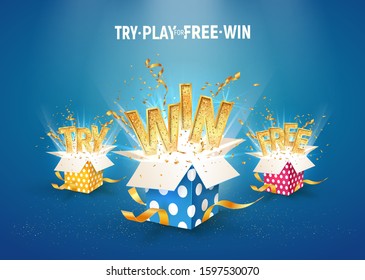 Open textured gift boxes with confetti explosion inside and win, try and free gold words on blue background. Set of isolated vector giftboxes for gambling or leisure games