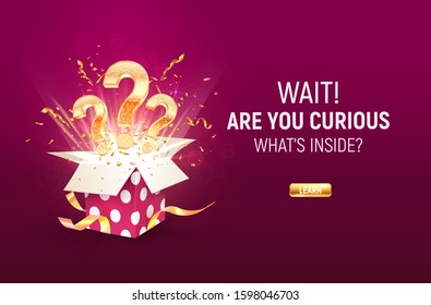 Open textured purple box with three golden question signs and confetti explosion inside on dark purple background. Winning gifts lottery vector illustration. Take a chance in gamble game