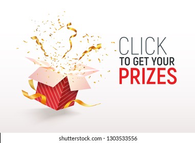 Open textured red box with confetti explosion inside. Click to get your prizes text. Flying particles from giftbox vector illustration on white background