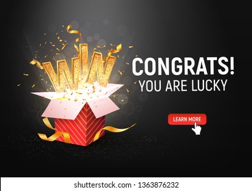 Open textured red box with confetti explosion inside and win gold word on dark background landscape orientation illustration