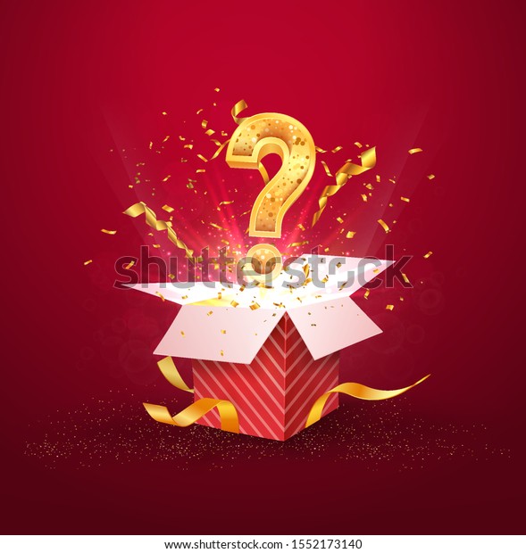Open textured red box with question\
sign and confetti explosion inside and on blue background. Mystery\
gift box with secret isolated vector\
illustration