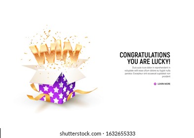 Open textured violet box with confetti explosion inside and win gold word on white background. Gambling vector banner. Click to get your prizes