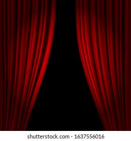 Open theatrical stage curtain. Realistic circus or opera curtains, stage red dramatic drapery. Scarlet velvet curtains in spotlight vector illustration. Circus and movie hall standup classic interior