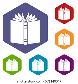 Open thick book icons set rhombus in different colors isolated on white background
