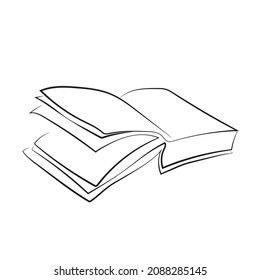 Open thick book with turning pages, black linear drawing on white background