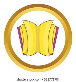 Open thick book vector icon in golden circle, cartoon style isolated on white background