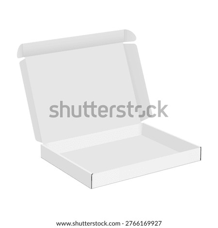 Open thin square cardboard box mockup for gifts packaging or mailing goods, isolated on white background. Vector illustration