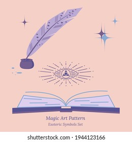 Open third eye of soul helps inspiration. Open book and pen with ink. Illustration of writing poetry, novels. Vector drawing in pastel colors.