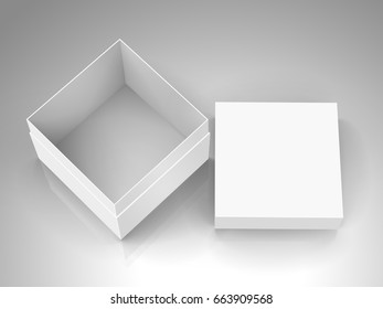 open tilt blank white paper box with separate lid 3d illustration, can be used as design element, isolated gray background, elevated view