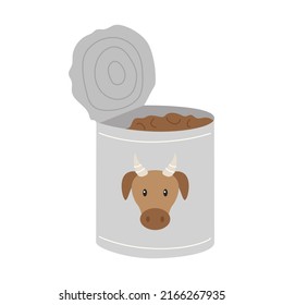 An open tin can with beef stew. Food, dry rations for field conditions, camping, hiking, traveling. Flat vector illustration isolated on a white background.