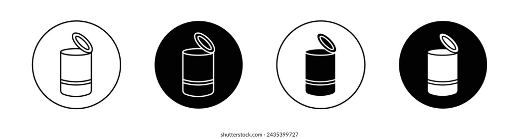 Abra Conjunto de iconos de lata. Símbolo de vector de metal abierto de estaño en un estilo relleno y contorneado negro. Señal de frescura sellada.