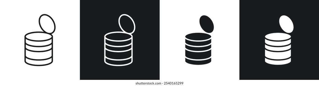 Abrir conjunto de ícones da lata de lata. Símbolos vetoriais em cores pretas e brancas.