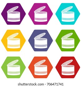 Open tin can icon set many color hexahedron isolated on white vector illustration