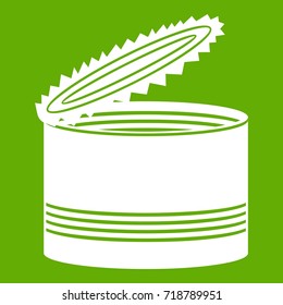 Open tin can icon white isolated on green background. Vector illustration