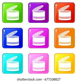 Open tin can icons of 9 color set isolated vector illustration