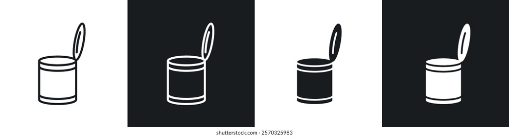 Open tin can icons vectors set in black. line and flat versions