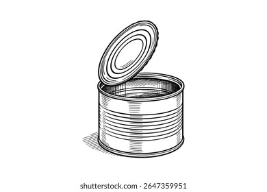 Open Tin Can Illustration in Black and White Style for Food Preservation