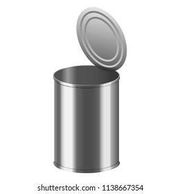 Open tin can mockup. Realistic illustration of open tin can vector mockup for web design isolated on white background