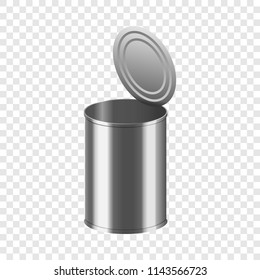 Open tin can mockup. Realistic illustration of open tin can vector mockup for on transparent background