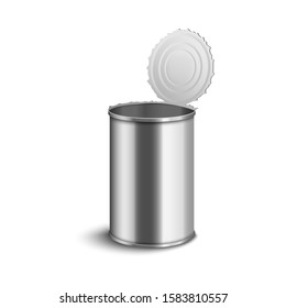Open tin can mockup with smooth shiny metal texture isolated on white background - realistic empty food preserve container in silver color - vector illustration.