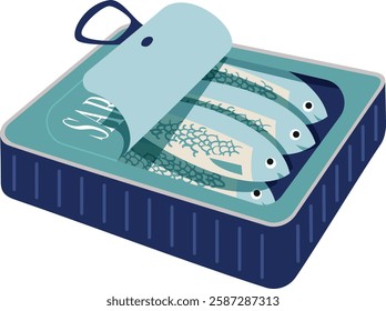 Open tin can sardines. Aesthetic vector illustration on transparent background. Canned fish artwork. Seafood packaging poster template. Restaurant, cafe, or kitchen wall decor.