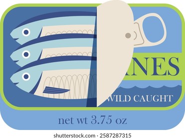 Open tin can sardines. Aesthetic vector illustration on transparent background. Canned fish artwork. Seafood packaging poster template. Restaurant, cafe, or kitchen wall decor.